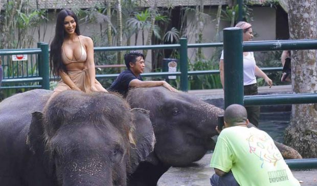 FORMA BOMBASTIKE/ Kim Kardashian pozon me bikini mbi elefant (FOTO)